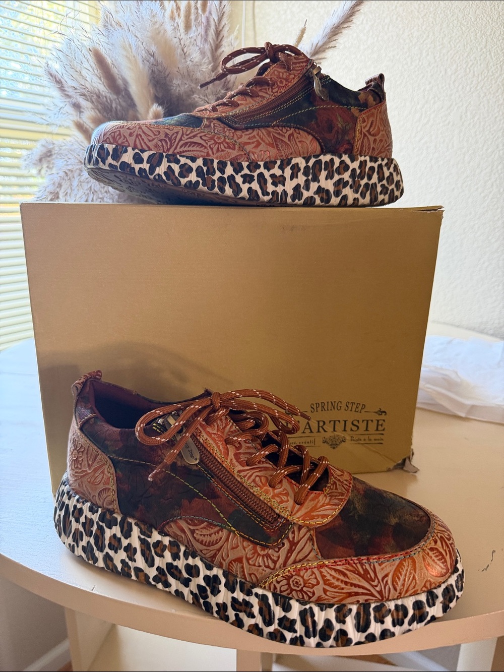 Spring Step Women’s Brown Paisley Leather Sneakers with Leopard-Print Platform